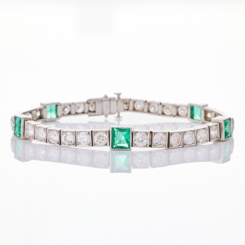 Platinum, Handmade, Estate, 2.90ct Emerald / 8.60ct Diamond Bracelet