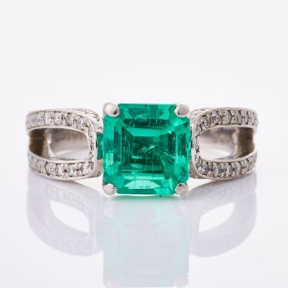 Platinum, Modern, 1.91ct Emerald / .49ct Diamond Set Ring