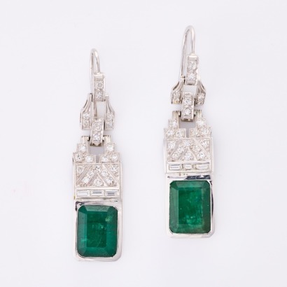 14ct White Gold, Art Deco Style, 6.35ct Emerald / .50ct Diamond Earrings