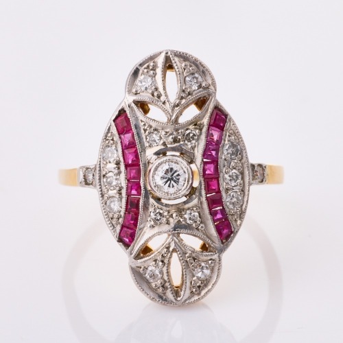 19ct Yellow Gold / 18ct White Gold, Art Deco, Handmade, .32ct Ruby / .24ct Diamond Ring