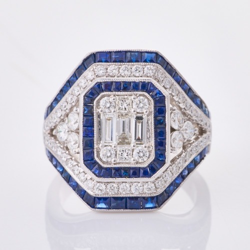 18ct White Gold, Art Deco Style, Modern, 1.57ct Diamond / 2.67ct Sapphire Ring