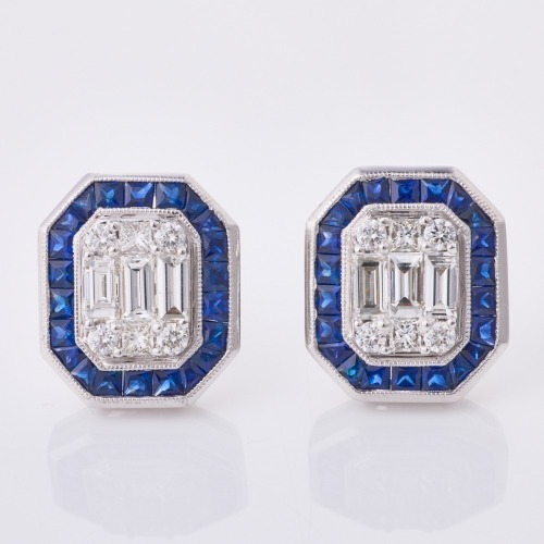 18ct White Gold, Art Deco Style, Modern, 1.11ct Diamond / 1.85ct Sapphire Earrings