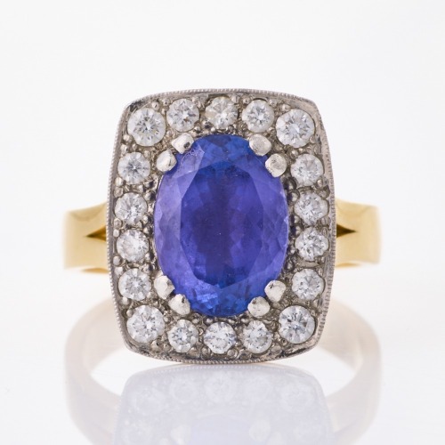 18ct Yellow Gold / Platinum, Modern, 3.62ct Tanzanite / .63ct Diamond Cluster Ring