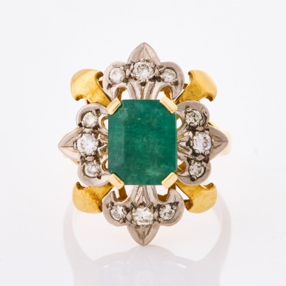 18ct Yellow Gold, Vintage, 2.52ct Emerald / .36ct Diamond Cocktail Ring