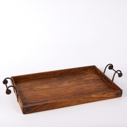 A Wooden Butlers Tray with Forged Iron Handles