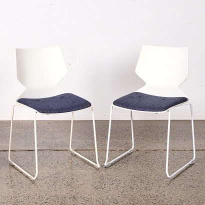 A Pair of Sleigh Base Chairs in White with Denim Seat