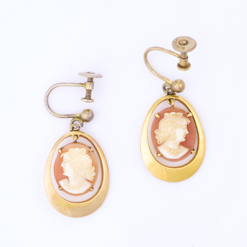 9ct Yellow Gold, Shell Cameo Screw-on Drop Earrings