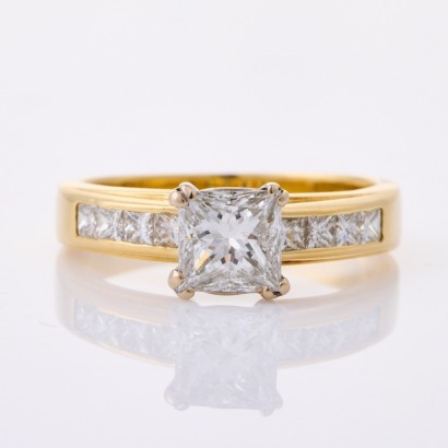 18ct Yellow Gold, Modern, .76 Princess Cut/.30ct Diamond Ring