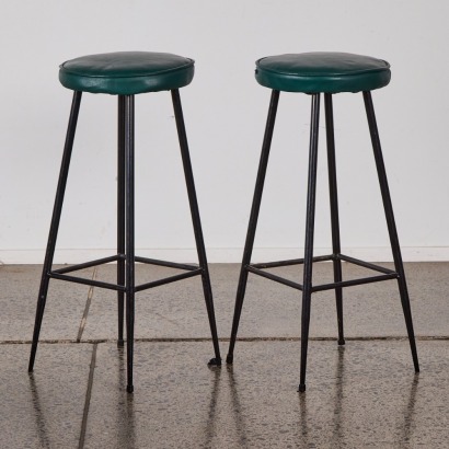 A Pair of Mid Century Barstools In Green & Black