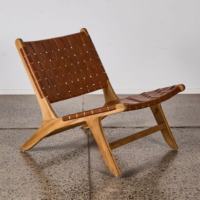 A Teak & Slatted Leather Lounge Chair