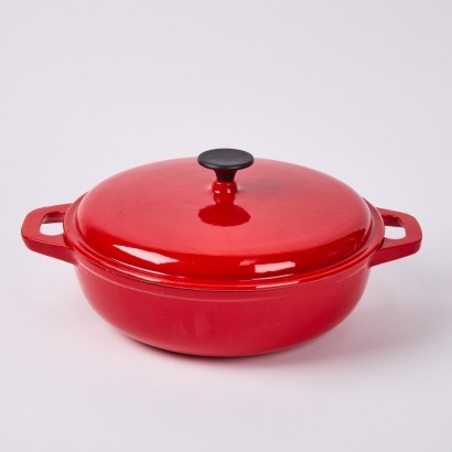 A Large Red Enamel Cast Iron Dutch Oven