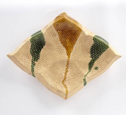 Large Diamond Dish with Pressed Pattern in Cream with Gold and Green, 2006