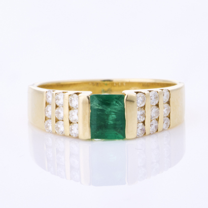 14ct Yellow Gold, Modern, .35ct Emerald / .18ct Diamond Ring