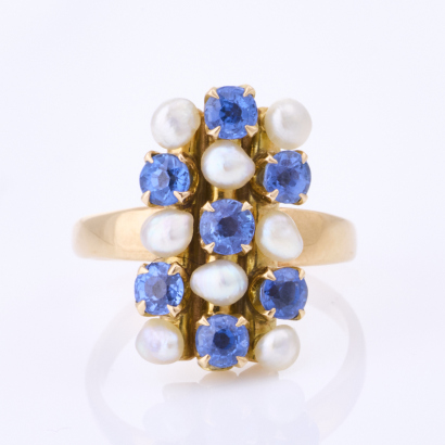 14ct Yellow Gold, Estate, Seed Pearl / Blue Stone Ring