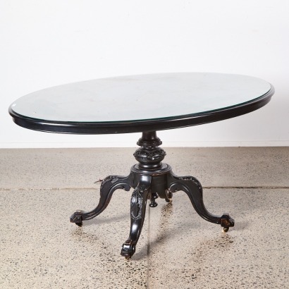 A 19th-Century Antique Table In Black Lacquer Finished With A Glass Overlay