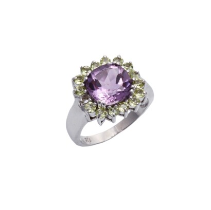 Silver Amethyst and Peridot Ring