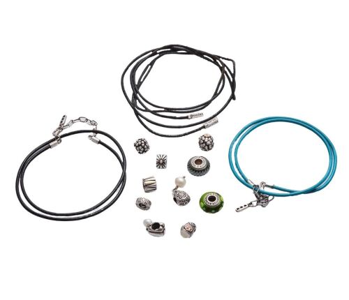 An Assortment of Pandora Charms and Pandora Leather Bracelets