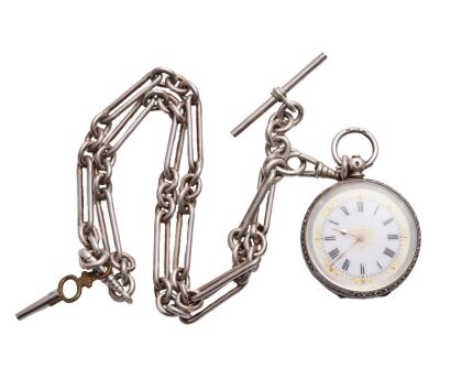 Sterling Silver Pocket Watch and Fob Chain