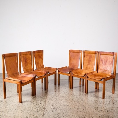 A Set Of Six Brutalist Seventies Rosewood And Leather Dining Chairs