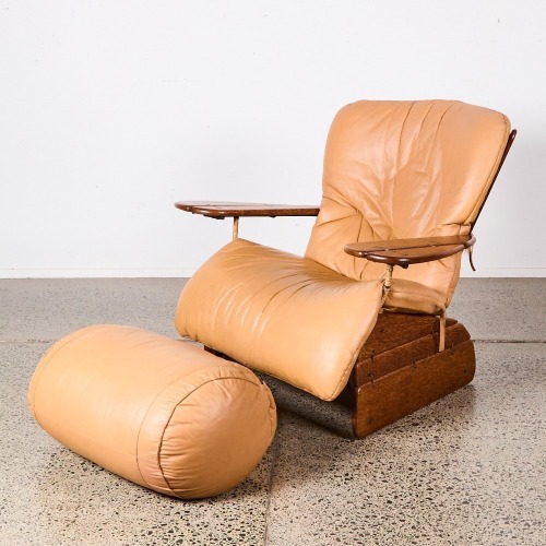 A Pacific Green Havana Palm Wood And Leather Lounge Chair With Ottoman