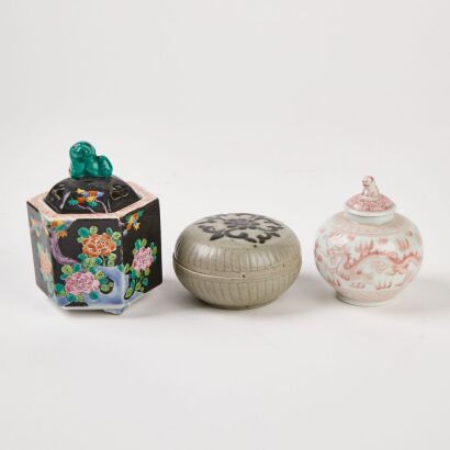 A Chinese Ming Dynasty Lidded Box And A Chinese Red-Glazed ‘Dragon’ Jar (Mei Yu Ya Wan) And A Japanese Famille-Rose ‘Flowers’ Incense Burner