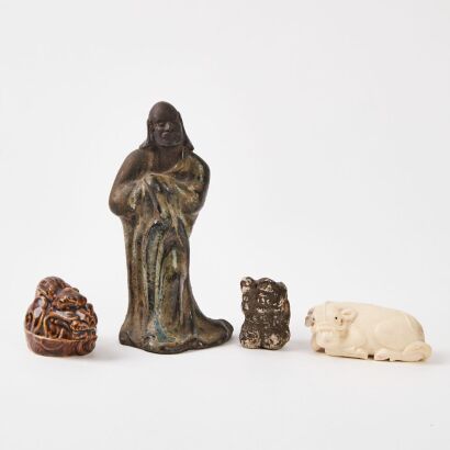 A Chinese Dharma Buddha Statue And Three Animal Pieces