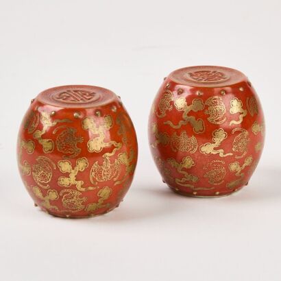 A Pair Of Chinese Iron-Red And Gilt-Decorated 'Bats And Shou' Mini Garden Stools