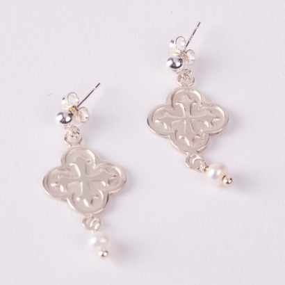 A Pair of Sterling Silver & Pearl Quatrefoil Earrings.