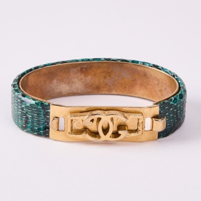 A Vintage Peruzzi Gucci Green Snakeskin And Gold Metal Bracelet