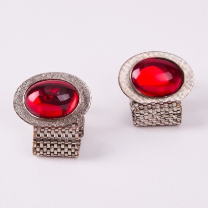 A Pair Of Vintage Red Stone And Silver Chainlink Cufflinks