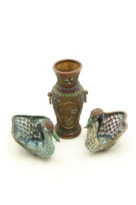 Two Chinese Cloisonn Enamel Swan Ornaments AND A Small Vase