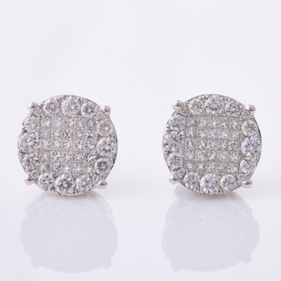 18ct White Gold, 2.60ct Diamond Set, Large Round Cluster Earrings