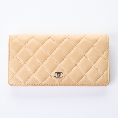 Chanel, Beige Quilted Lambskin Leather Long Wallet