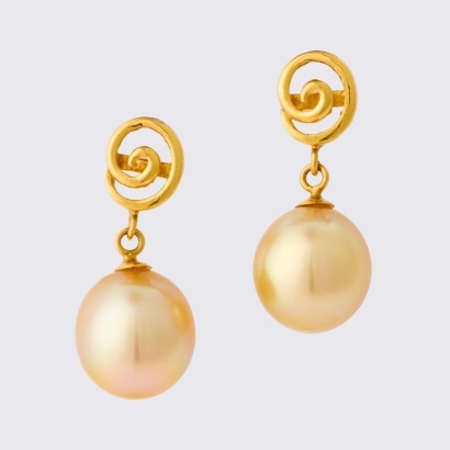 14ct Yellow Gold, 10mm Burmese South Sea Pearl Drop Earrings