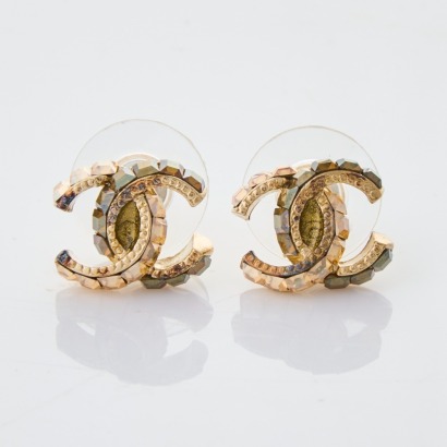 Chanel, Bronze Crystal Logo Earrings