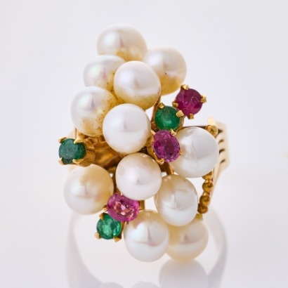 18ct Yellow Gold, Vintage, Pearl, Ruby / Emerald Ring