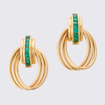 14ct Yellow Gold, Synthetic Emerald, Hollow Earrings