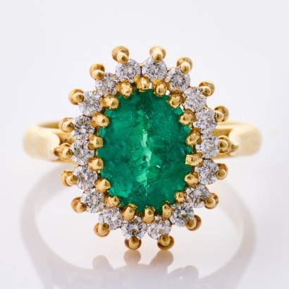 18ct Yellow Gold, Vintage, Oval Emerald / .32ct Diamond Ring