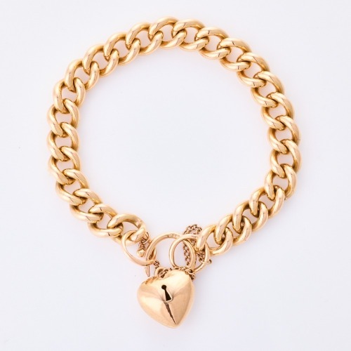 9ct Rose Gold, 19cm Curb Link Bracelet with Heart Shaped Padlock Clasp