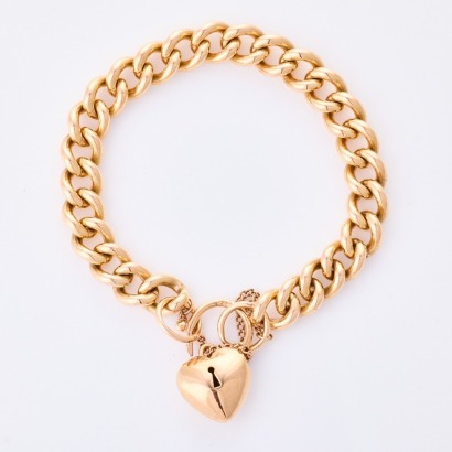 9ct Rose Gold, 19cm Curb Link Bracelet with Heart Shaped Padlock Clasp