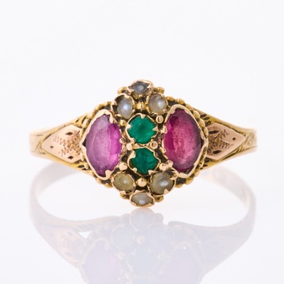 15ct Rose Gold, Victorian, Tourmaline / Green Coloured Stones / Seed Pearl Ring