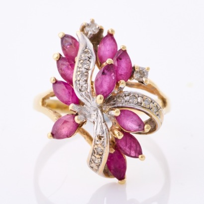 14ct Yellow Gold, Marquuise Cut Ruby / .10ct Diamond Ring