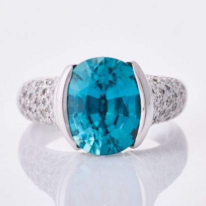 18ct White Gold, Modern, 5.82ct Blue Zircon / .81ct Diamond Ring