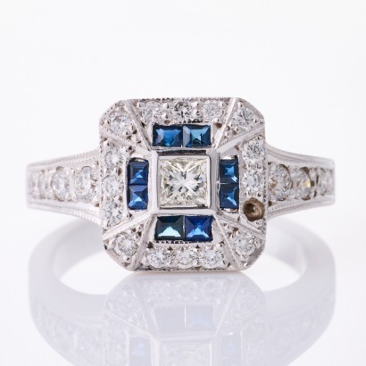 18ct White Gold, Art Deco Style, .08ct Sapphire / .38ct Diamond Ring