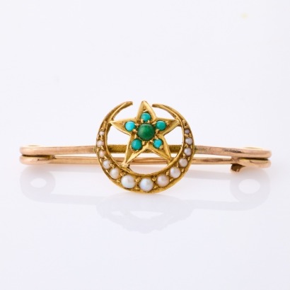 9ct Yellow Gold, Victorian, Turquoise / Seed Pearl Brooch with Box