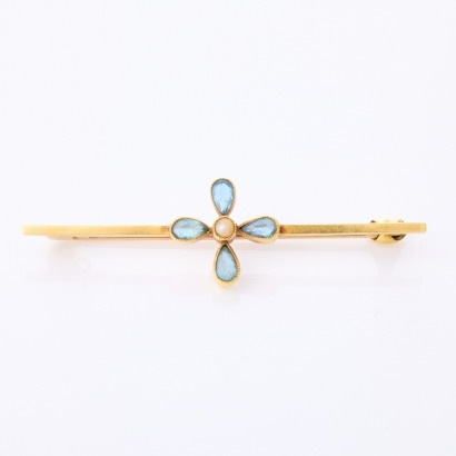 15ct Yellow Gold, Victorian, Topaz/ Seed Pearl, Bar Brooch with Box