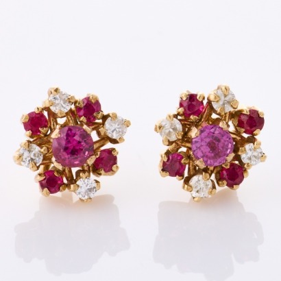 9ct Yellow Gold, Ruby and Diamond Stud Earrings, with Ruby and Diamond Jackets