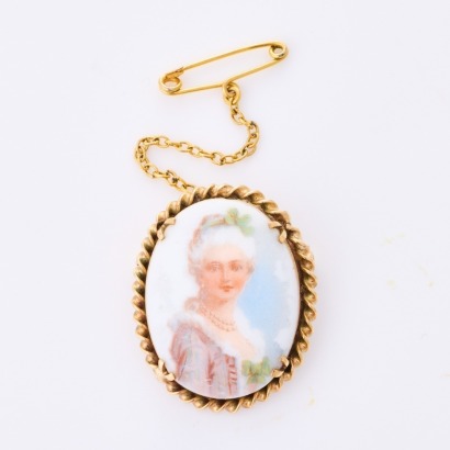 Antique Brooch, Lady Painted on Porcelain