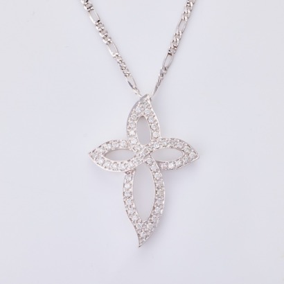 18ct White Gold, Modern, .88ct Diamond Cross Pendant on 50cm Figaro Chain