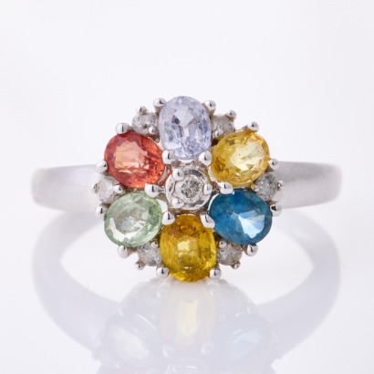 18ct White Gold, Modern, Multi-Coloured Sapphire /.08ct Diamond Ring